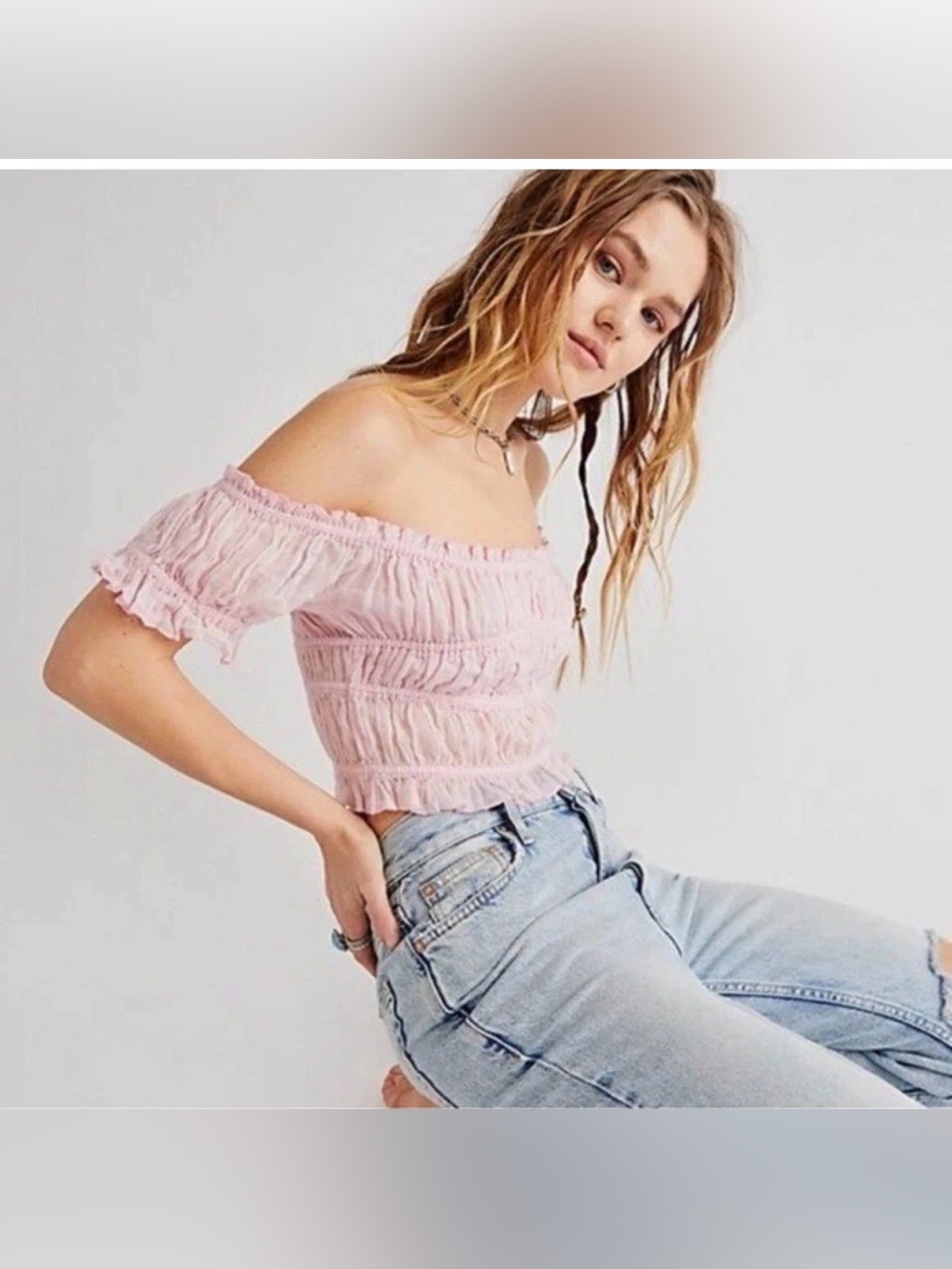 Free People FP One Cheri Top Smocked Cropped Pink Petal Off The Shoulder L NEW